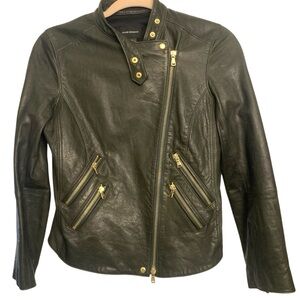 Club Monaco Dark Green Lamb Leather Moto Biker Jacket Size Small